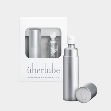 Überlube Good-to-Go travel lubricant in a silver aluminum case
