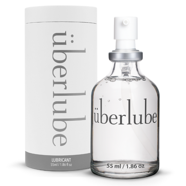 Überlube silicone lubricant 55 ml glass bottle beside its paper tube packaging